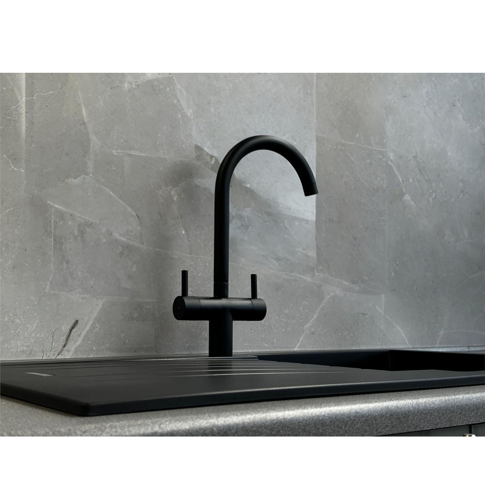 Liquida W03BL Swivel Spout Swan Neck Twin Lever Black Kitchen Mixer Tap